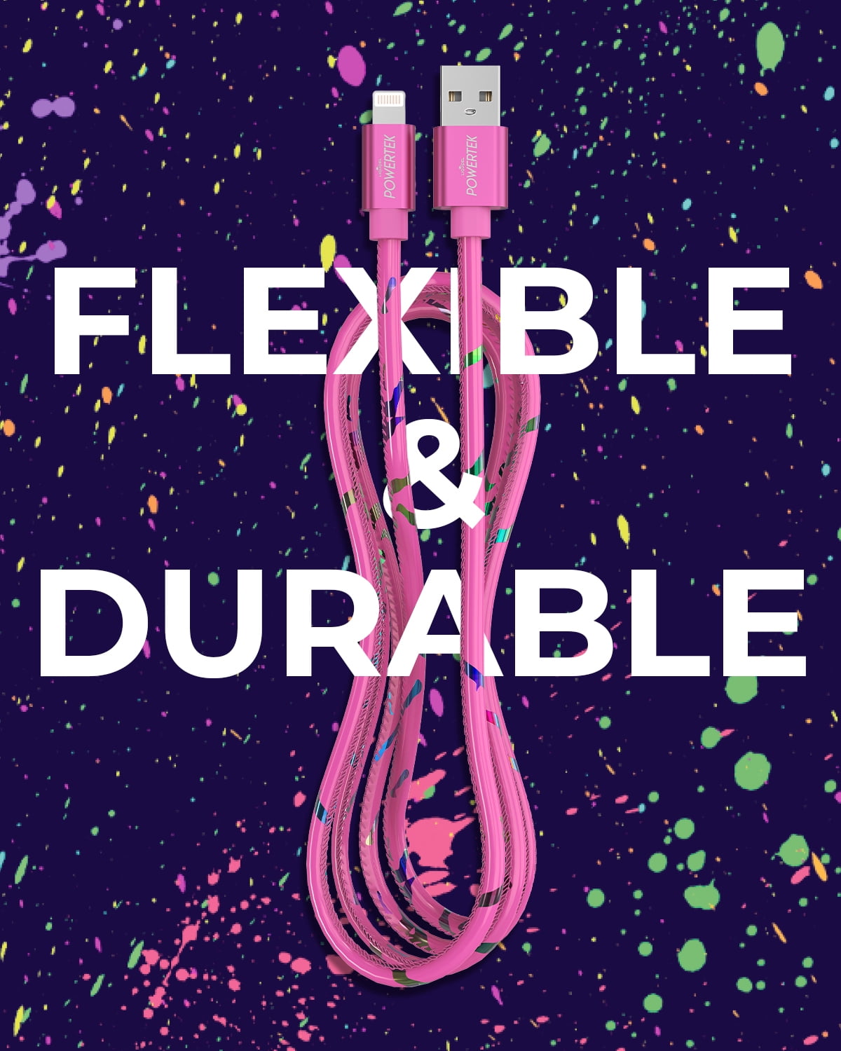 Liquipel Powertek iPad & iPhone Lightning Charger Cable, Fast Charging 6ft MFI, Neon Party