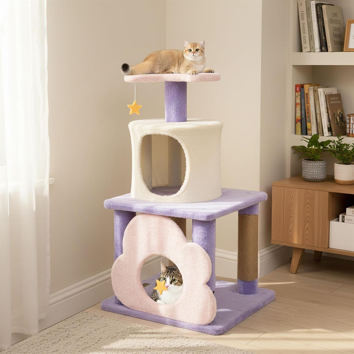 Demi Bonn 31.5" Cute Modern Cat Tree, Multi-Level Kitten Tower, Moon-shaped Perch & Cloud Cave, Purple