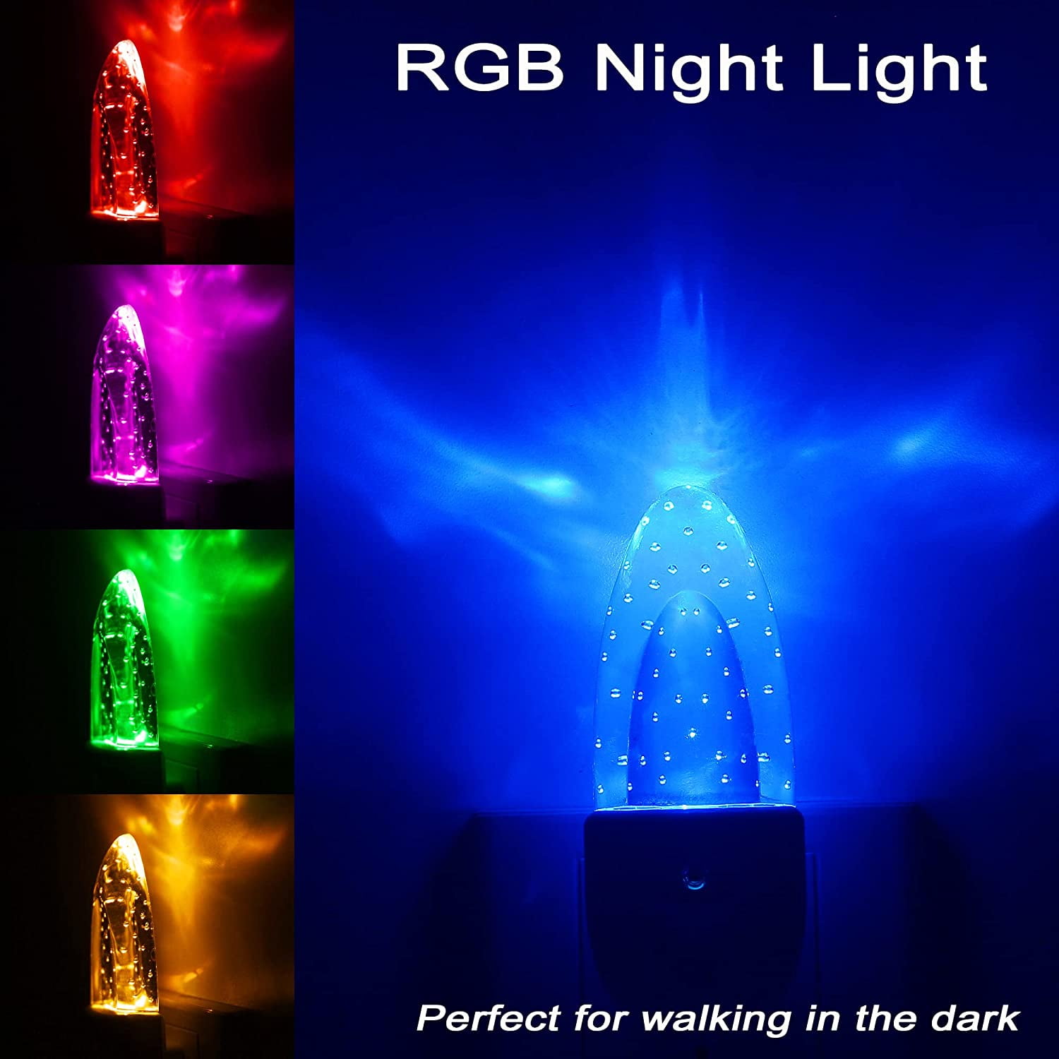 GREENIC Multicolor LED Night Light 4 Pack Bubble Pattern with Dusk to Dawn Sensor, Rotating 8 Colors, Plug in for Bedroom, Kids Room, Bathroom