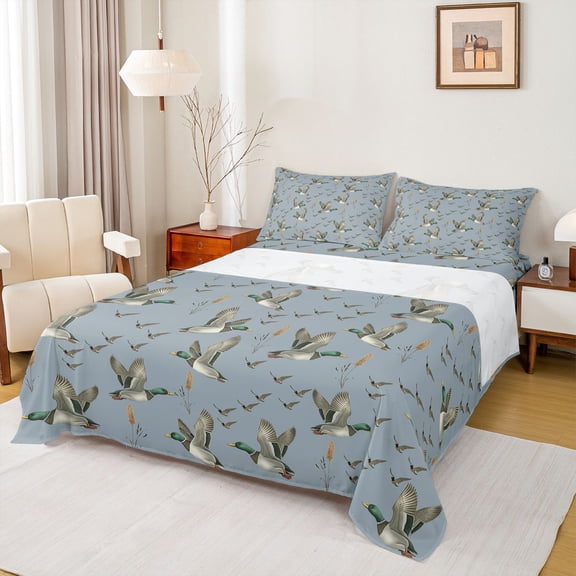 Feelyou Rustic Wildlife Duck Twin Sheet Sets, Blue Cartoon Theme Bedding, 3 Pieces