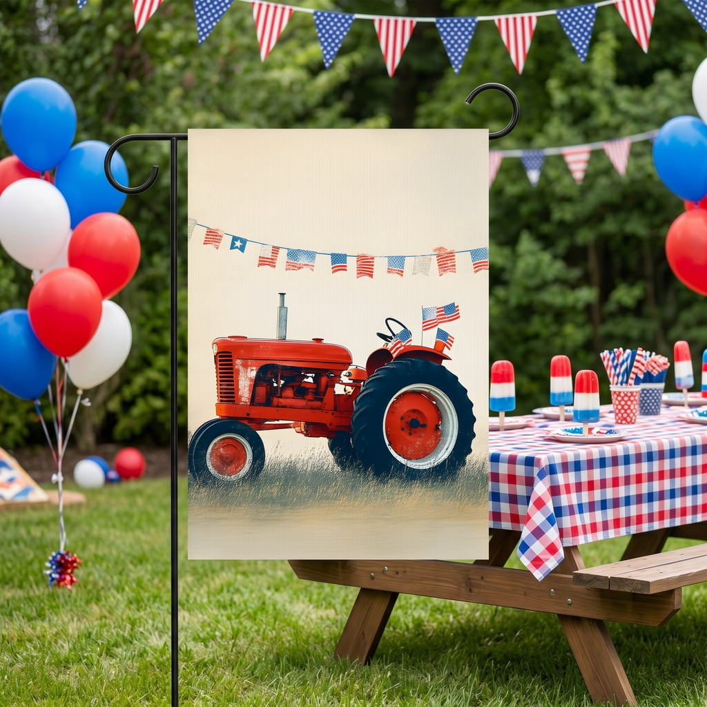 250th anniversary usa garden flag A red tractor with american flags hanging from the side of it. * usa decor 28 x 40 In Large Flag patriotic front porch decor