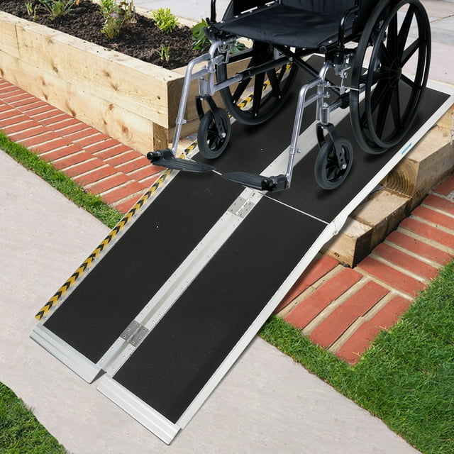 Portable Folding Aluminum Wheelchair Ramp – Non-Slip Surface, Handle, Reflective Strips, 600 lbs Capacity – for Home Steps, Doorways, Curbs – Size: 8ft