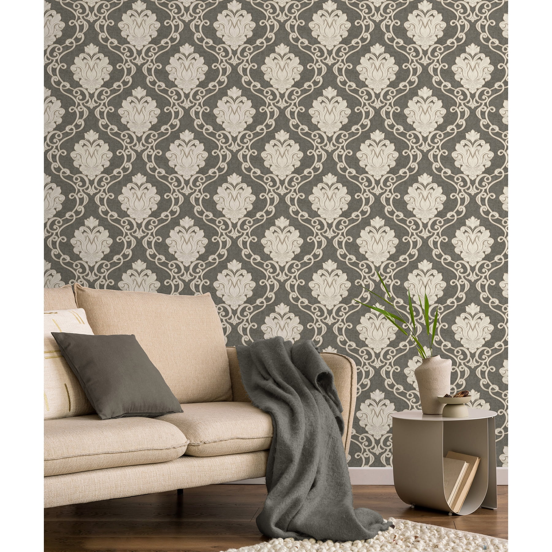 Fine Decor Florentine Charcoal Damask Wallpaper, 20.9-in by 33-ft