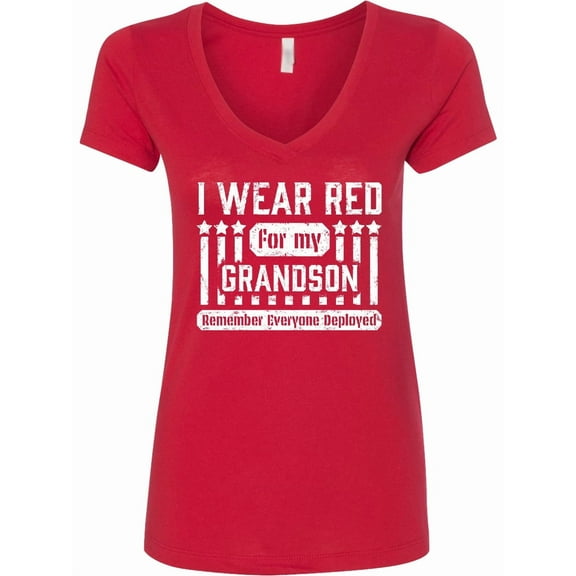 Inktastic I Wear Red for My Grandson Remember Everyone Deployed Women's V-Neck T-Shirt