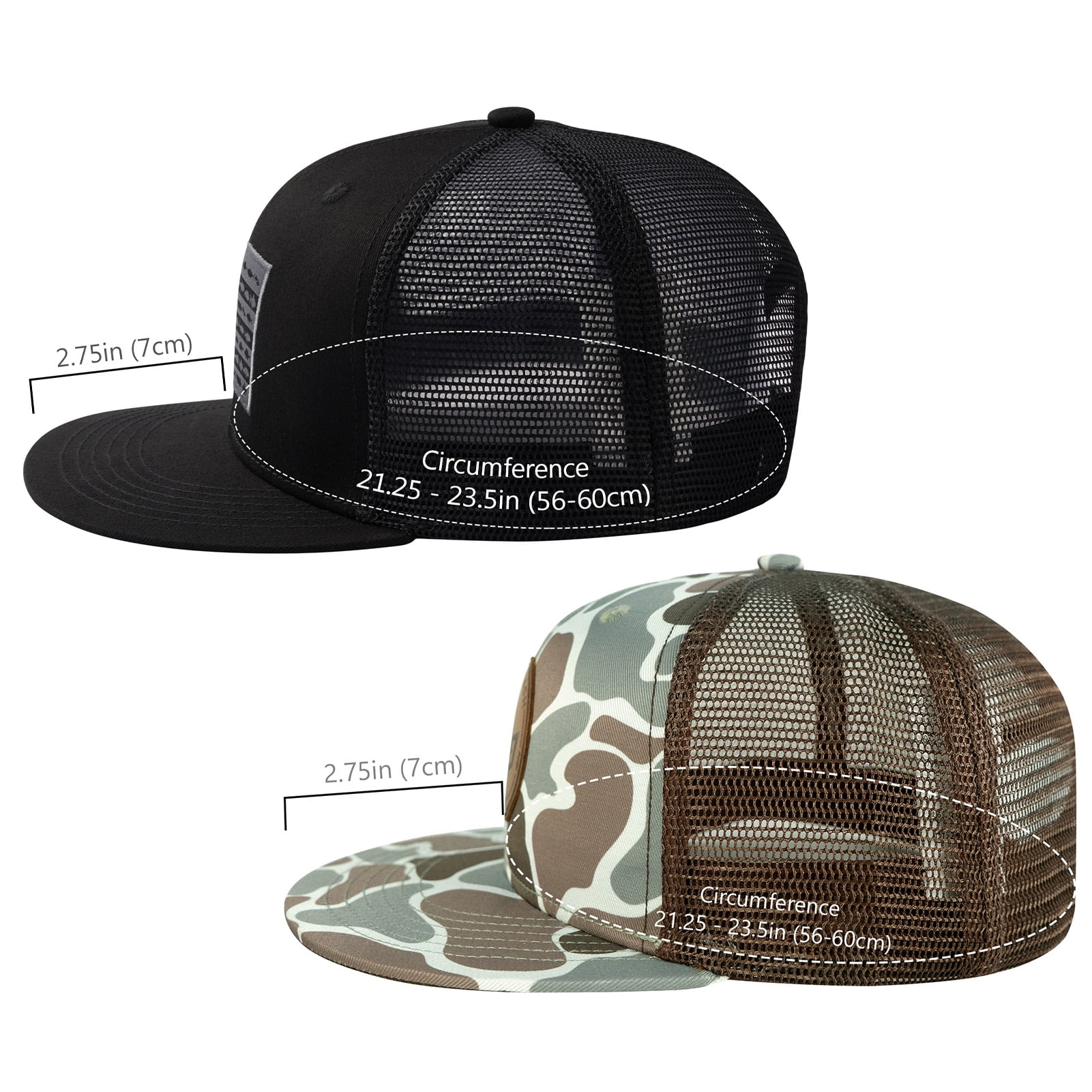 BASSDASH 2 Pack Flat Brim Trucker Cap Adjustable Snapback Hat Mesh Back For Men Women Fishing Hunting