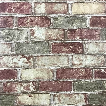 - Vinyl Wallpaper red green rustic coverings textured old vintage retro faux stone brick pattern double roll wallcovering wall paper decal decor textures embossed 3D washable modern kitchen