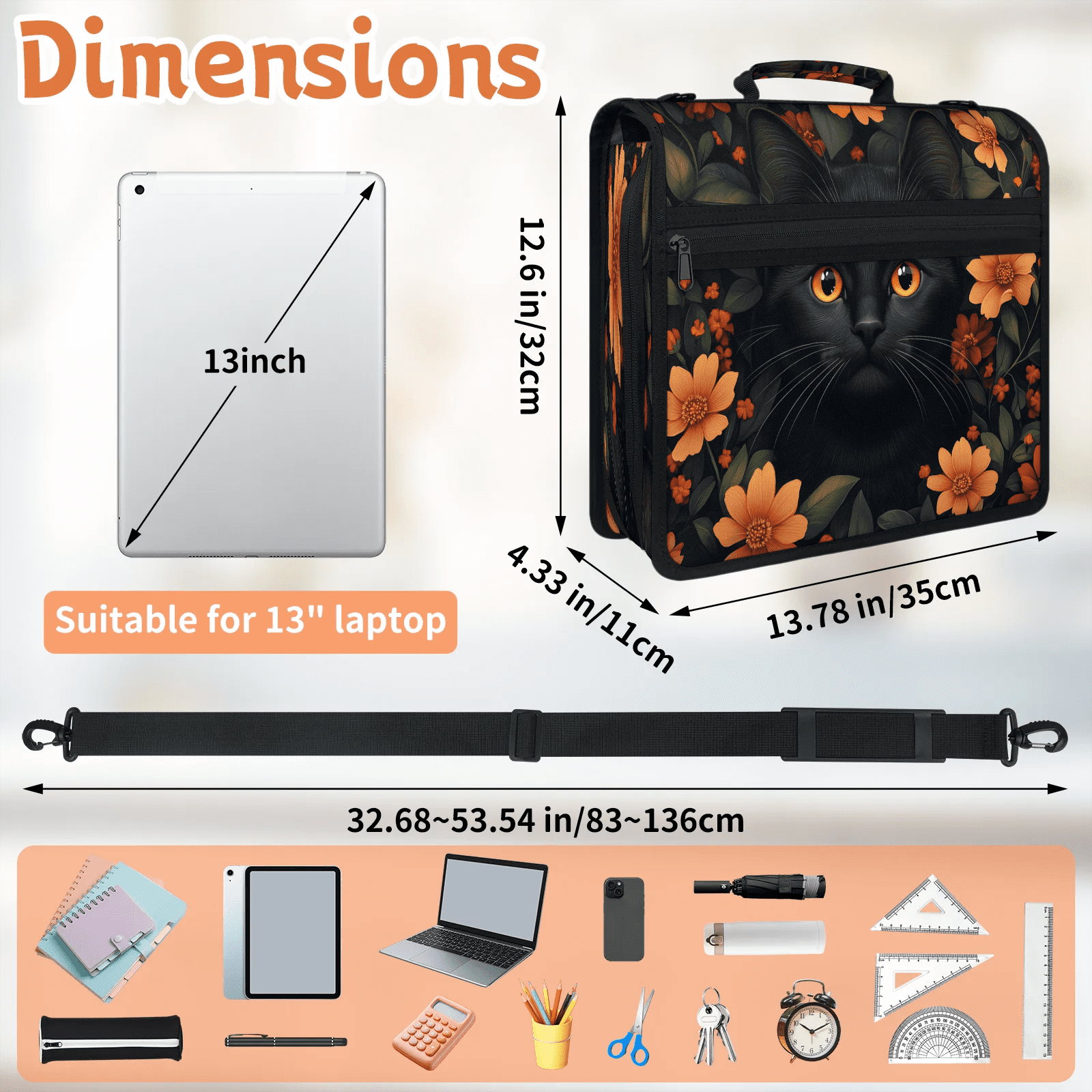 Herdesigns Black Cat Zipper Binder with Shoulder Strap, Waterproof 1.5 Inch 3 D-Ring Binder Organizer Bag, Fits 13 Inch Laptop for Work, Cute Cat