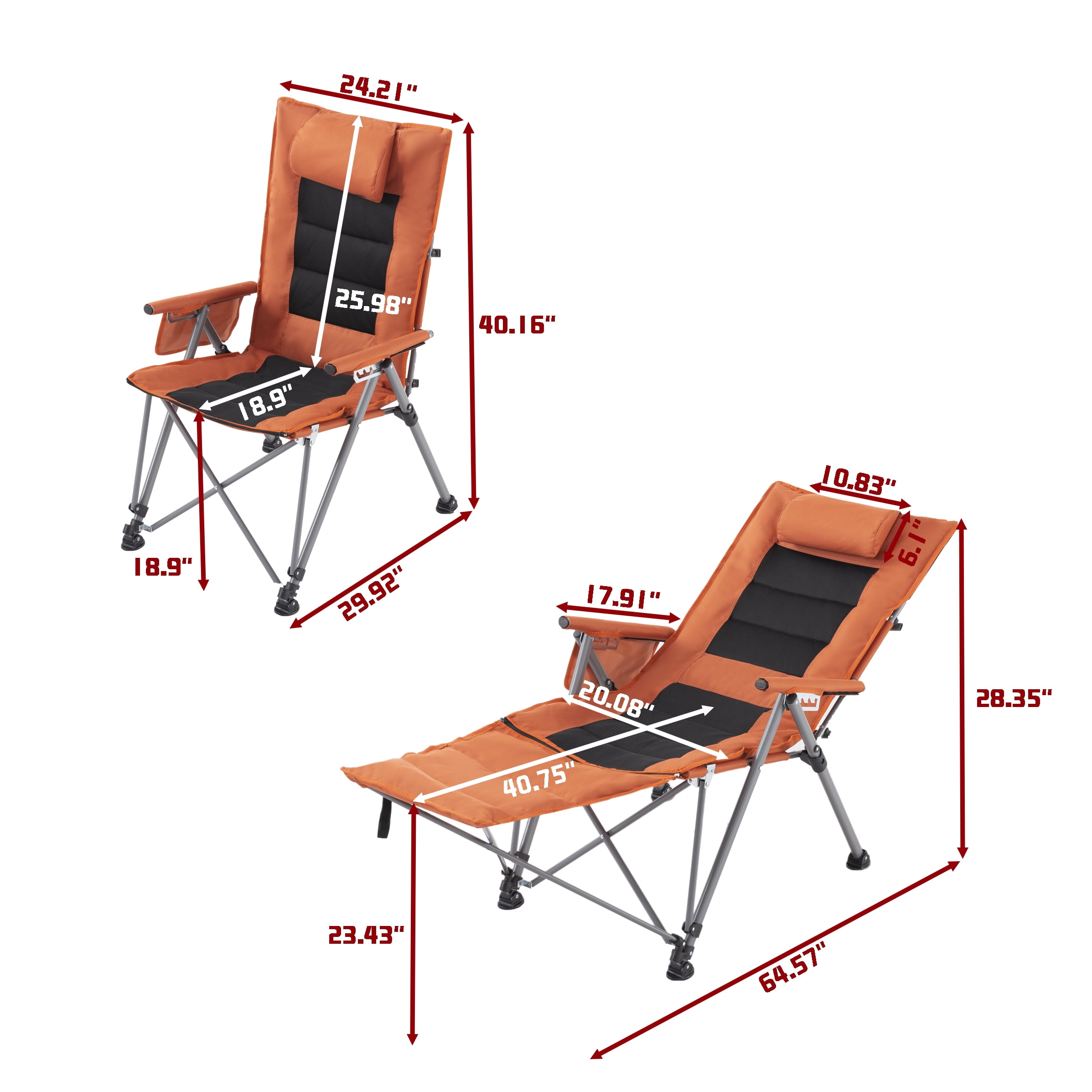 5-Position Reclining Folding Camping Chair with Foldable Footrest, Heavy-Duty Steel Frame Portable Lounge Chair with Side Pocket for Camping Garden Office Nap