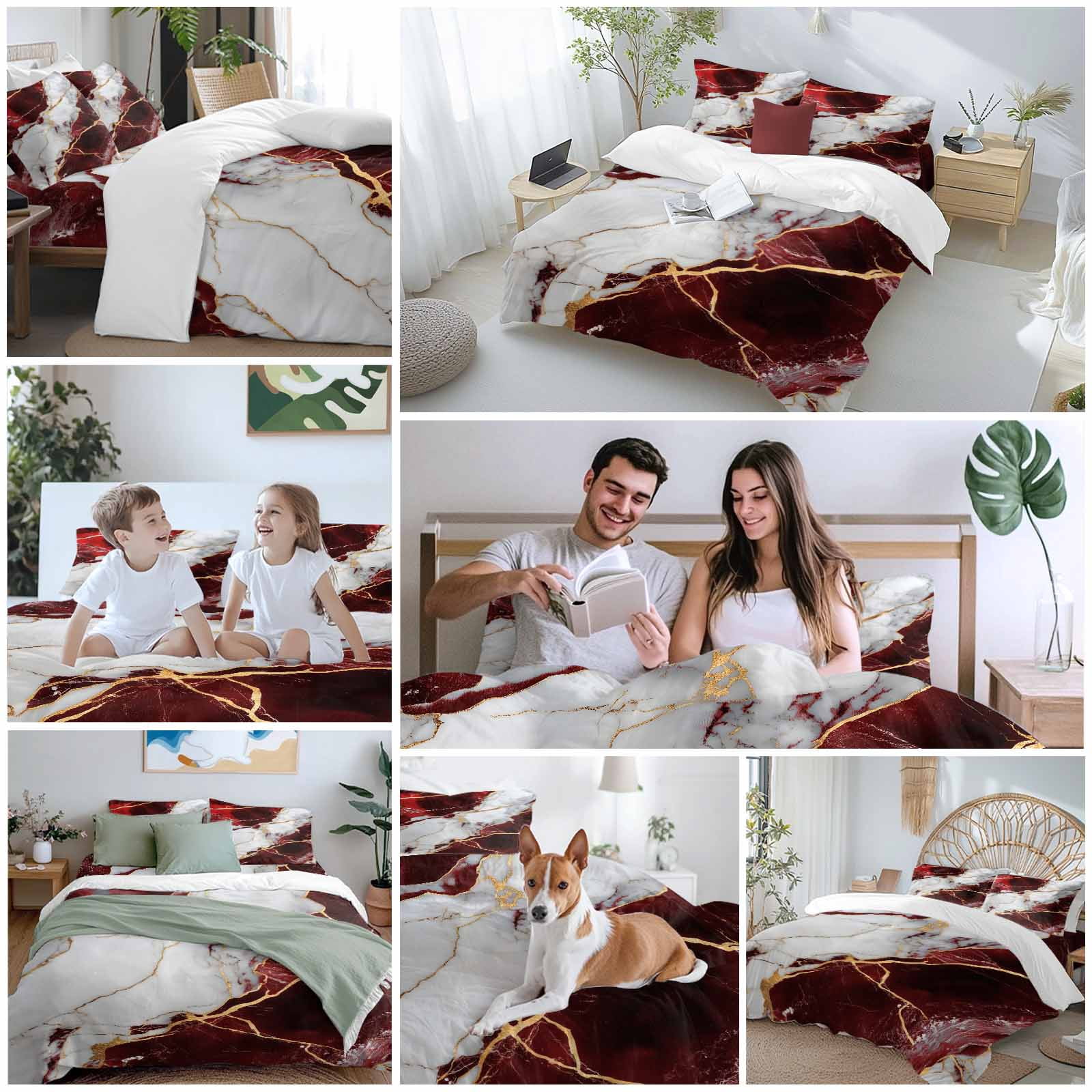 Queen 4 Piece Bedding Set Burgundy Red White Marble Soft Breathable Duvet Cover and Pillowcase, Modern Abstract Stone Crack Texture Duvet Cover Set Bed Sheets for Bedroom Dormitory Guest Room