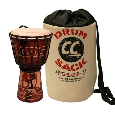 Sawtooth Harmony Series 8" Hand Carved Elephant Design Rope Djembe with Drum Sack Carry Bag
