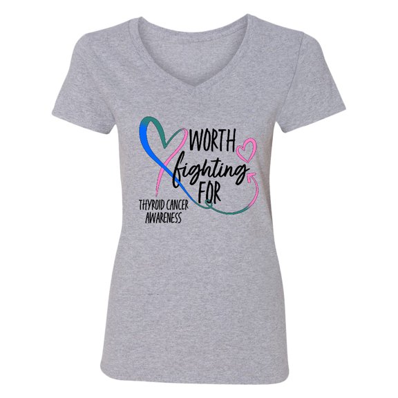 Inktastic Thyroid Cancer Awareness Pink, Blue, Teal Heart Ribbon Women's V-Neck T-Shirt