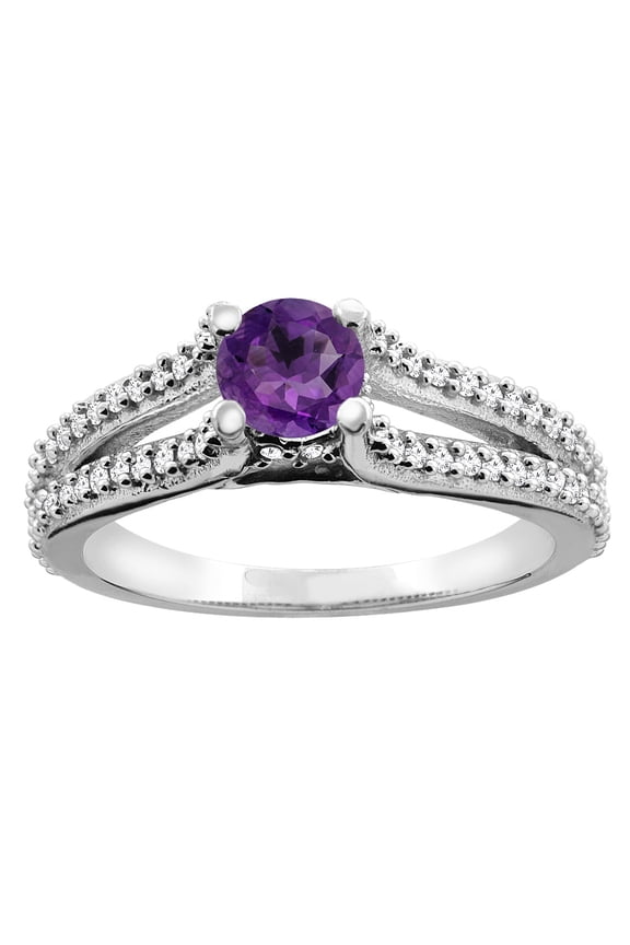 14K White Gold Natural Amethyst Engagement Split Shank Ring Round 5mm Diamond Accents, size 5