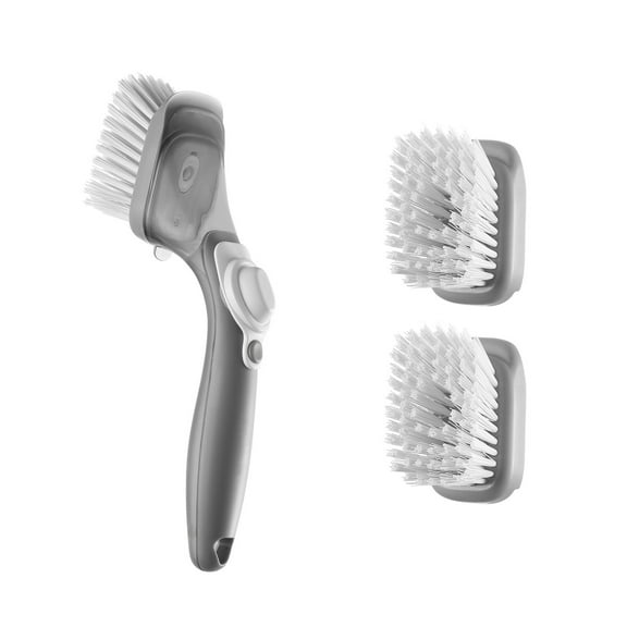 KFFKFF Soap Dispensing Dish Brush, Kitchen Scrub Brushes with 3 Replaceable Heads, Dish Cleaning Brushes with Durable Handle and Curved Bristles, Perfect for Pots, Pans, Sink, and Stove