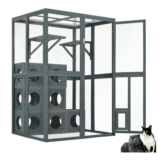 Zephypaws 68.9" H Outdoor Cat Enclosure, Outside Patio Large Cat Shelter Catio House for Mulitiple Cats,Weatherproof Wooden Walk in Kitty Cage With Removable Wood Boxes, Gray