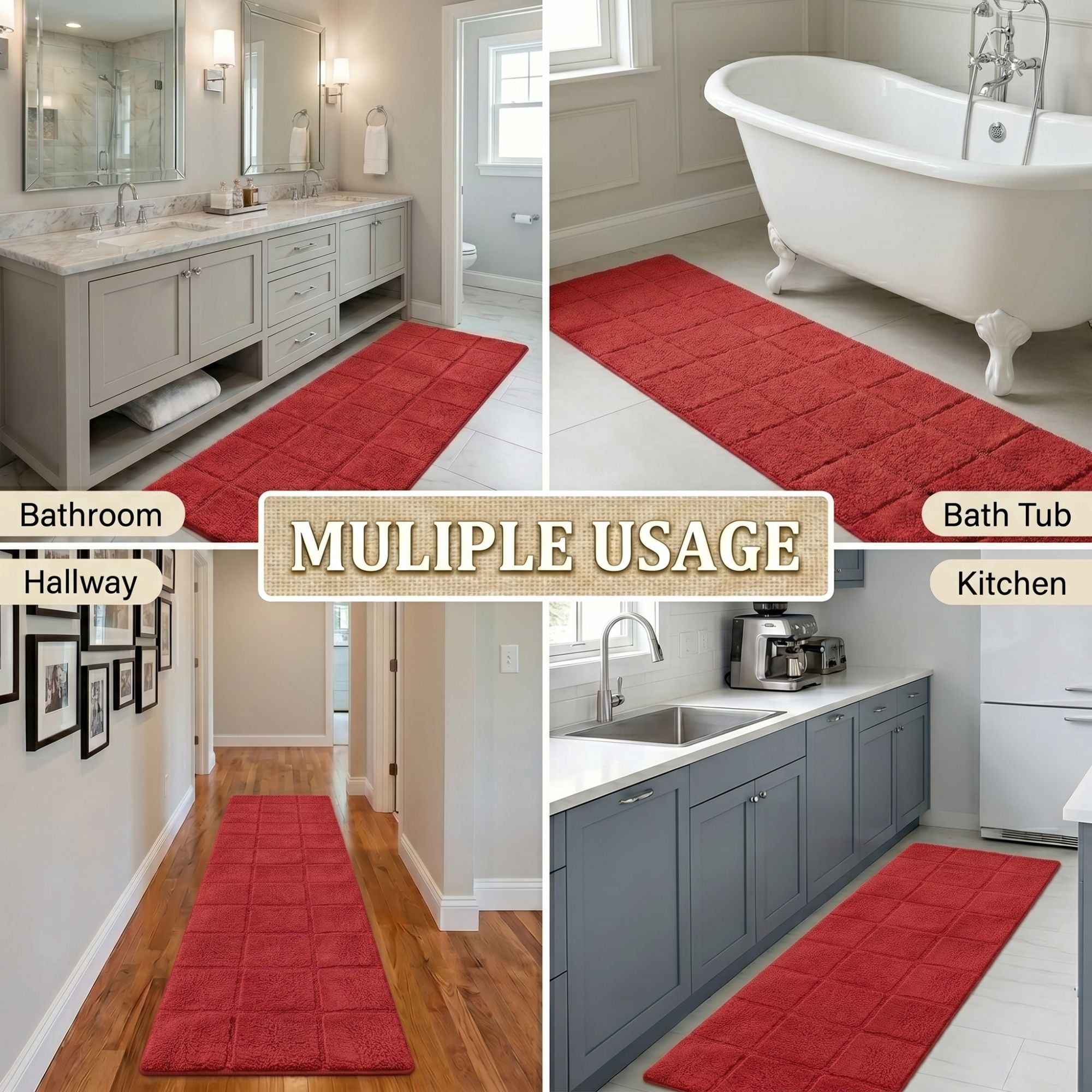 Superior Checkered Cotton Washable Non-Slip Bath Rug, Runner Size, Burgundy