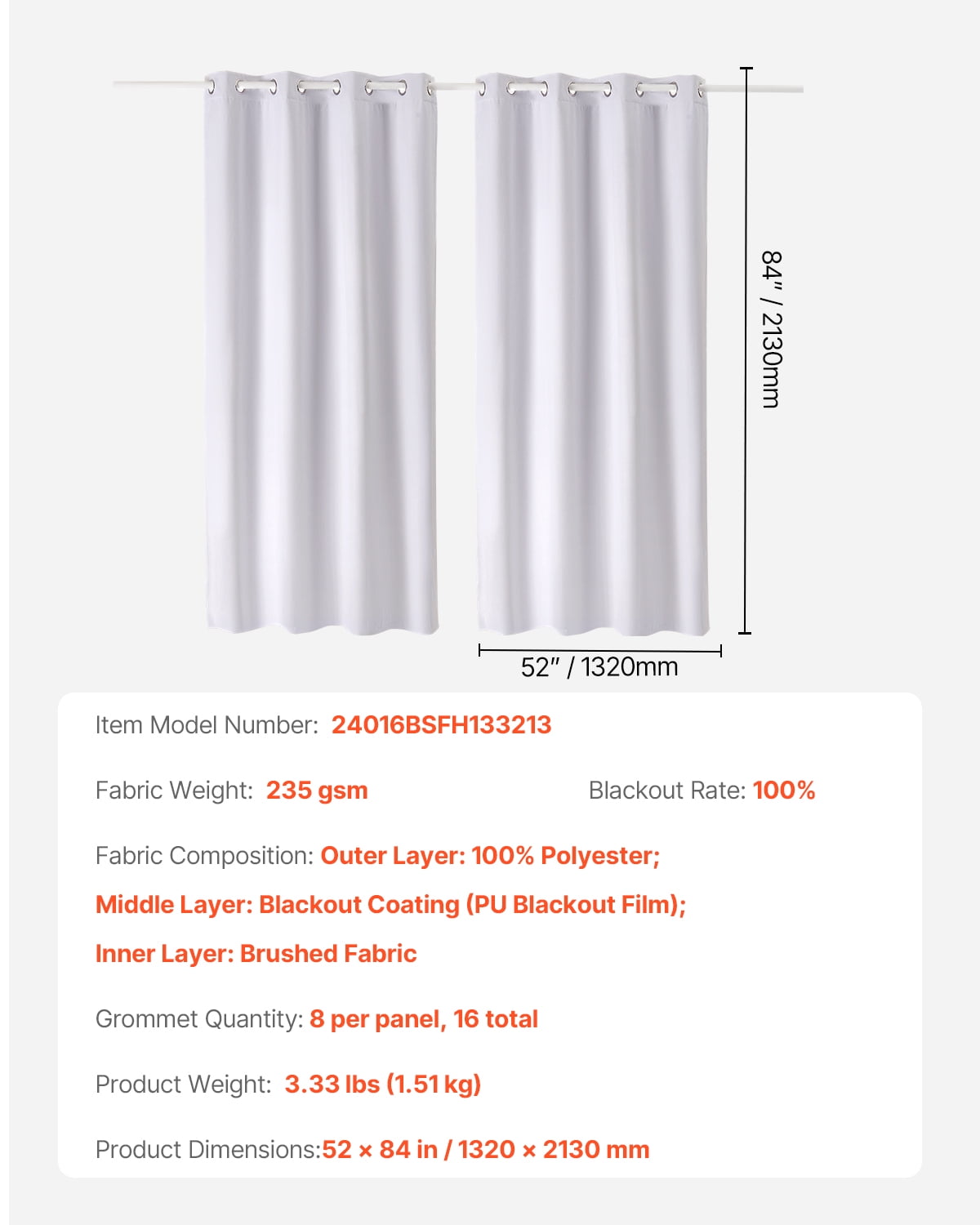 VEVOR Blackout Curtains, 84 Inch Length 2 Panels Set, 52 Inch Wide Each, Thermal Insulated 100% Blackout Light Blocking Drapes, 3-Layer, with Grommets, Curtains for Living Room Window, White