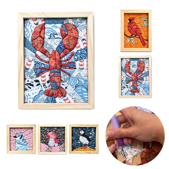 DIY Fabric Art Kit | No-Sew Fabric Mosaic Wall Art Craft with Frame & Tools, DIY Fabric Wall Art Kit for Adults, Handmade Decorative Picture Craft, Creative Home Decoration Gift (coastal lobster)