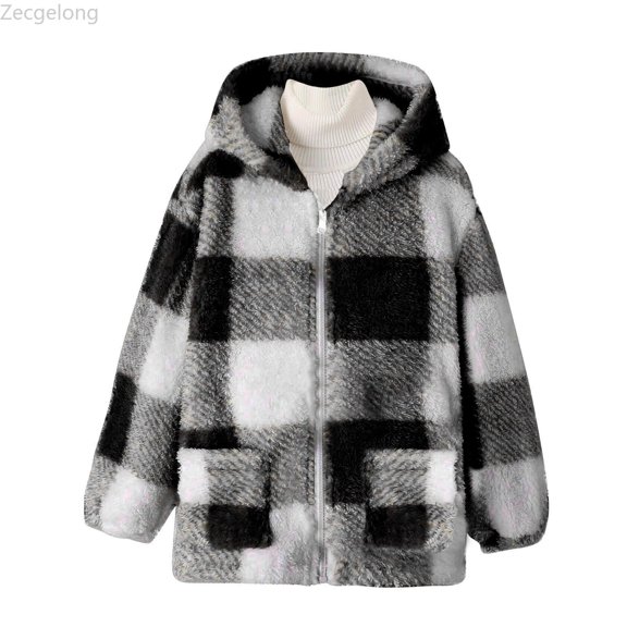 Zecgelong Girls Plaid Fleece Hooded Jacket Cozy Soft Warm Outerwear For Toddler Kids Casual Winter Windproof Coat