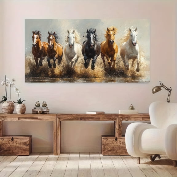 EvoNest Six Galloping Horses in Motion 48 in x 24 in Framed Painting Canvas Art Prints