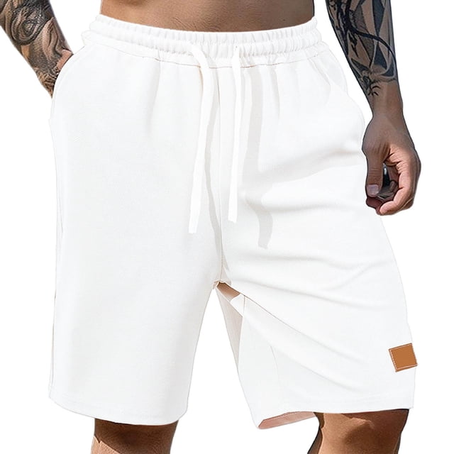 Pantalones cortos de playa informales para hombre con cintura elástica y cordón de 5 pulgadas - Poliéster de color liso con bolsillos