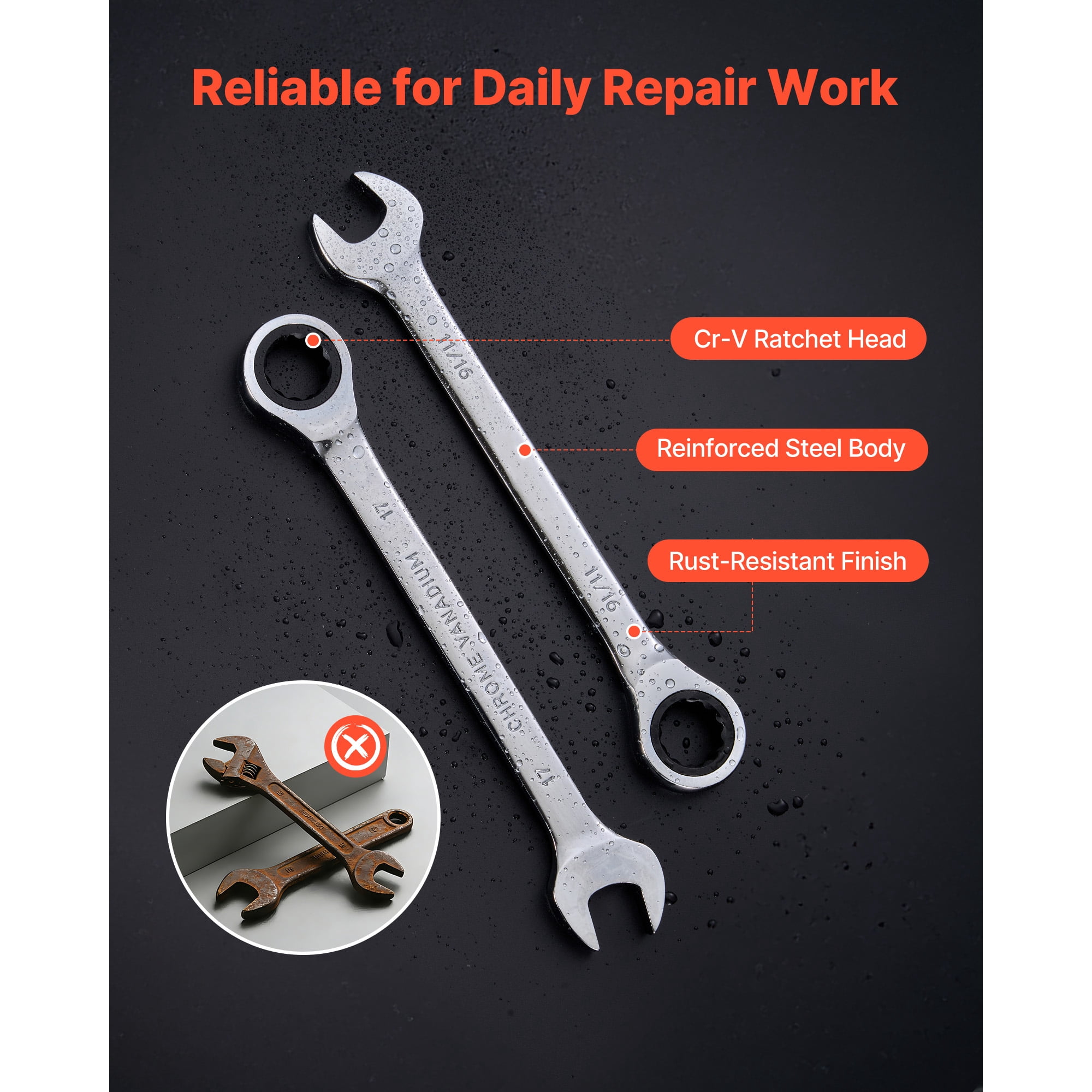 KFFKFF 26-Piece SAE and Metric Ratcheting Wrench Set, 72-Tooth Cr-V Steel Tools with Organizer Rack, Open-End Design, Clear Size Markings, Ideal for Household and Automotive Repairs, Silver