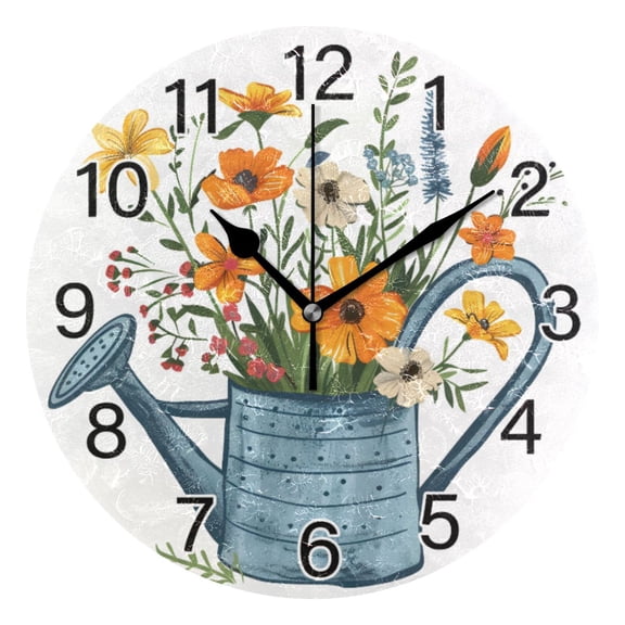 Ryvnso Flower in Metal Kettle Wall Clock Non Ticking Silent Kitchen Clock Battery Operated Clocks 10 inch