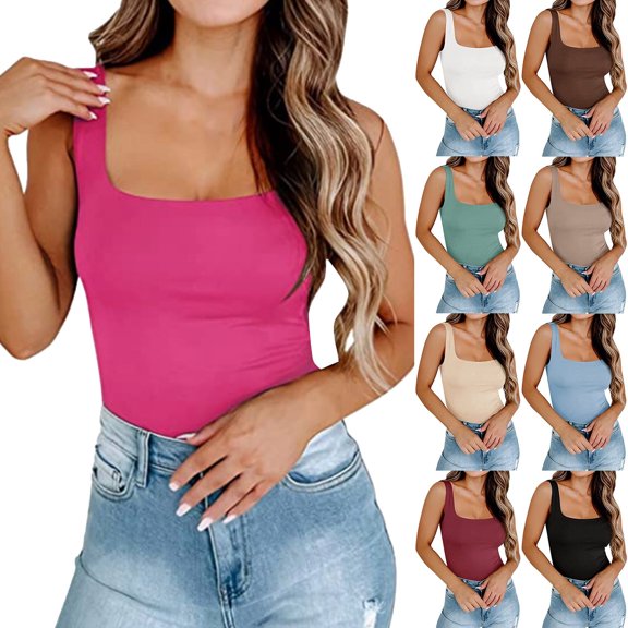 LILIYA Women's Racerback Tank Tops Quality Plain Summer Tank Tops for Women Adjustable Straps Slim Fitted Square Neck Sleeveless Layering Shirts Womens Camisole Undershirt Basic Tanks Top
