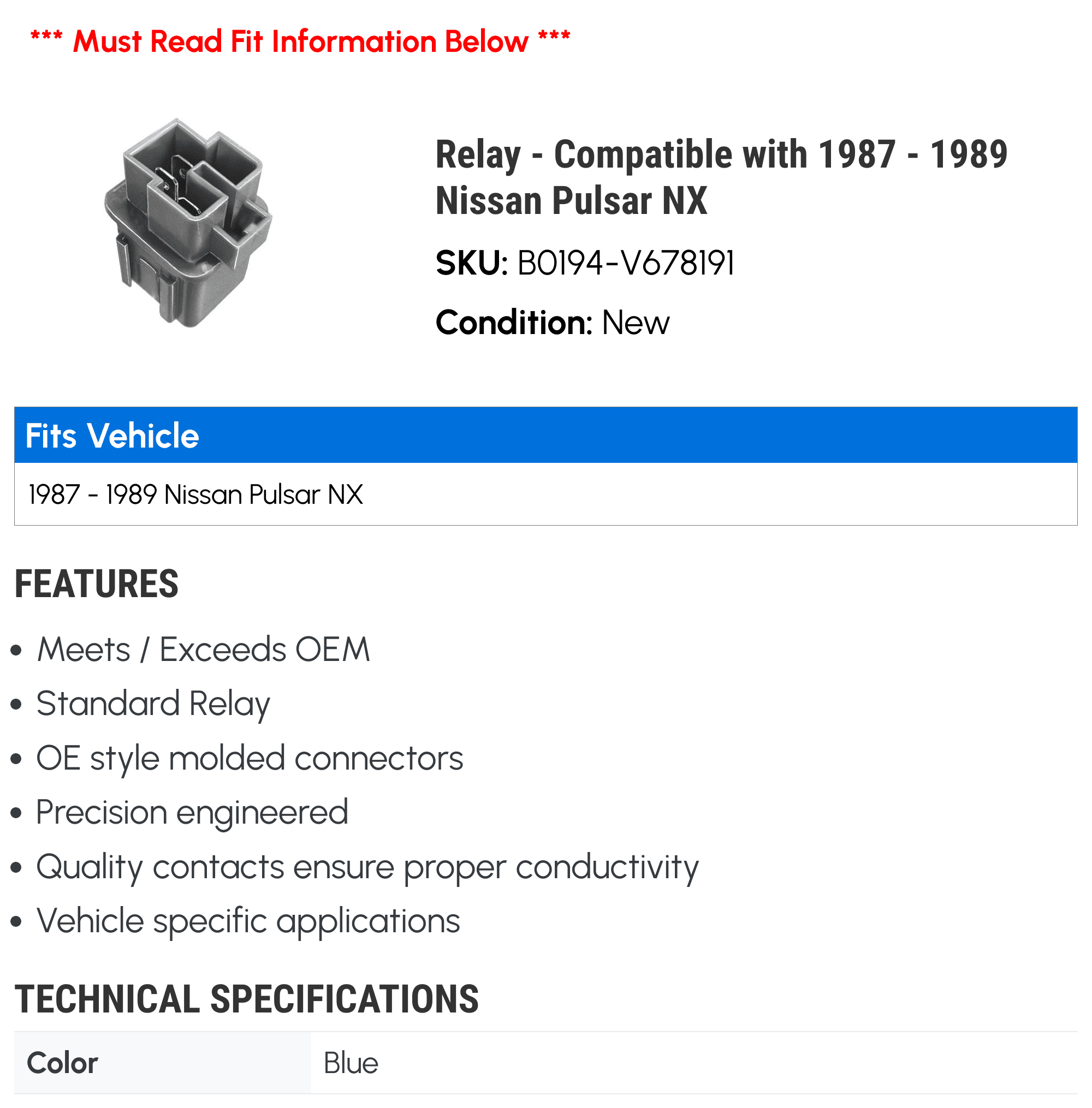 Relay - Compatible with 1987 - 1989 Nissan Pulsar NX 1988