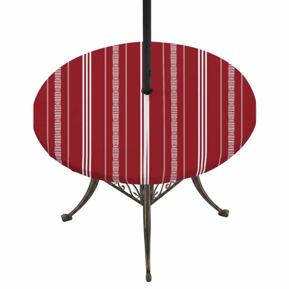 Round Outdoor Tablecloth with Umbrella Hole and Zipper, Boho Red Tablecloth with Elastic Waterproof, Minimalist Farmhouse Striped Patio Table Covers for 31" - 35" Picnic Pool Tables