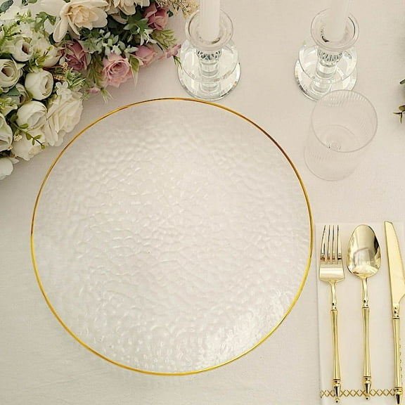 BalsaCircle 6 Clear 13 in Round Hammered Plastic Charger Plates Gold Trim Party Events Decorations Supplies