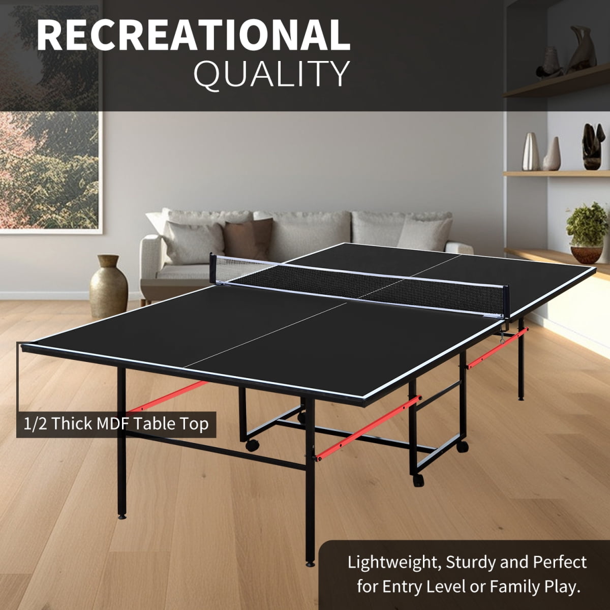 9ft Foldable Table Tennis Table Indoor Ping Pong Table Set with Net Paddles Balls Black