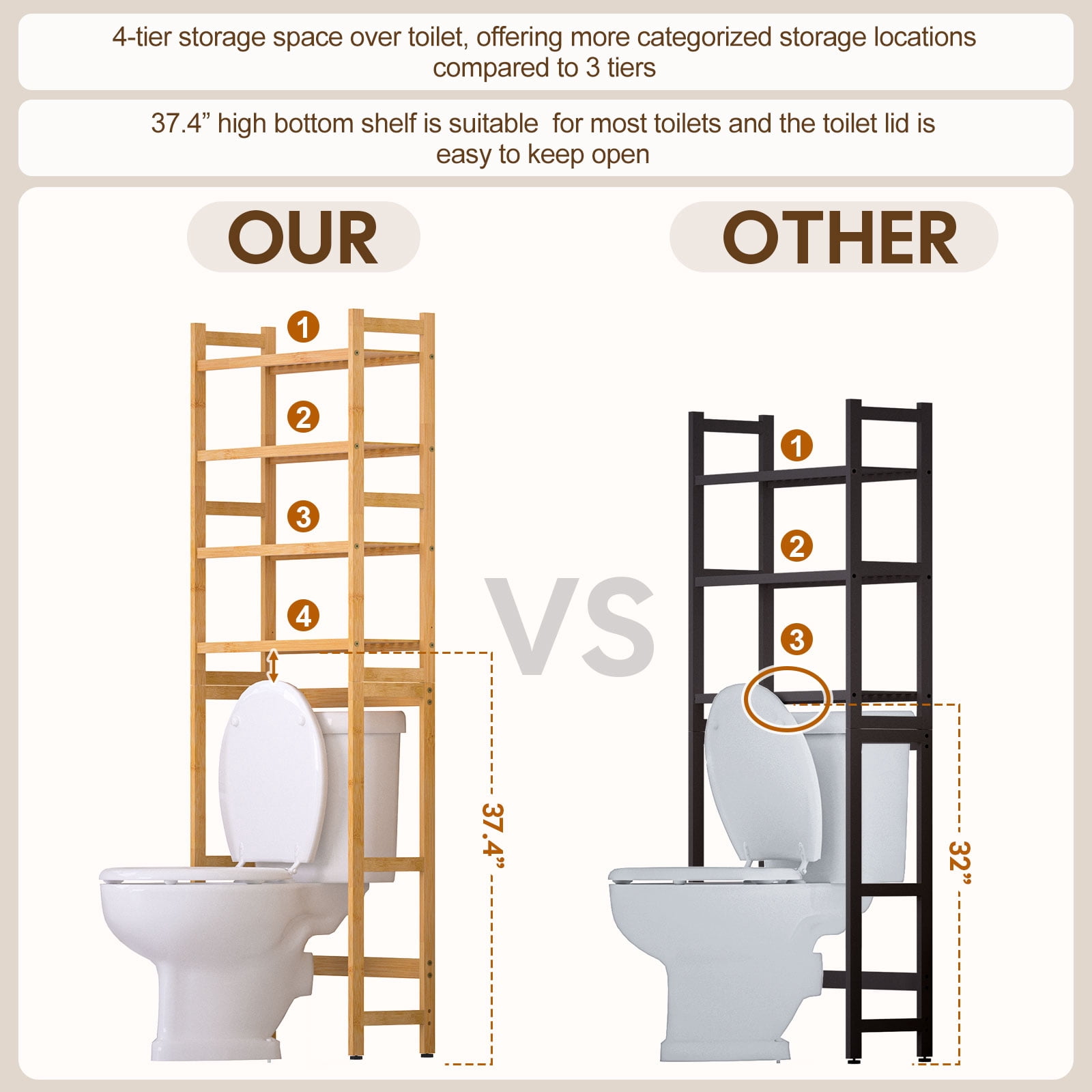 Enogets Over the Toilet Storage, Bamboo Bathroom Shelf Organizer with 2 Baskets & 4 Hooks, 4-Tier Space Saver