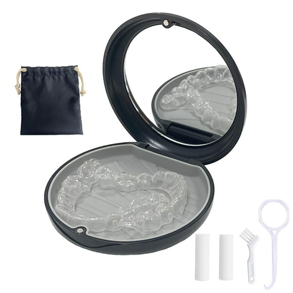 Retainer Case,Aligner Case with Mirror,Round Retainer Holder with Aligner Remover Tool, Chew & Brush,Rope Bag Sets (Black Outside Gray Silicone)