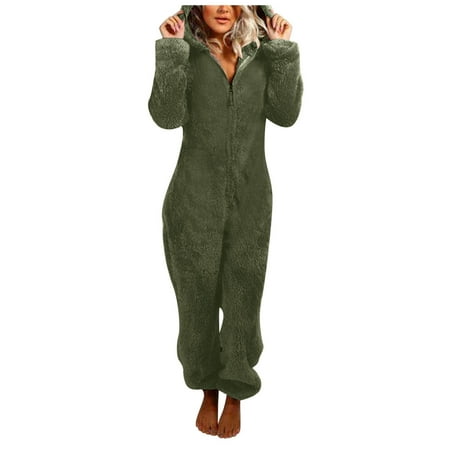 

Women Hoodies Pullover Casual Long Sleeve Furry Fleece Hooded Jumpsuit Pajamas Winter Warm Romper Sleepwear Tunic Tops Army Green