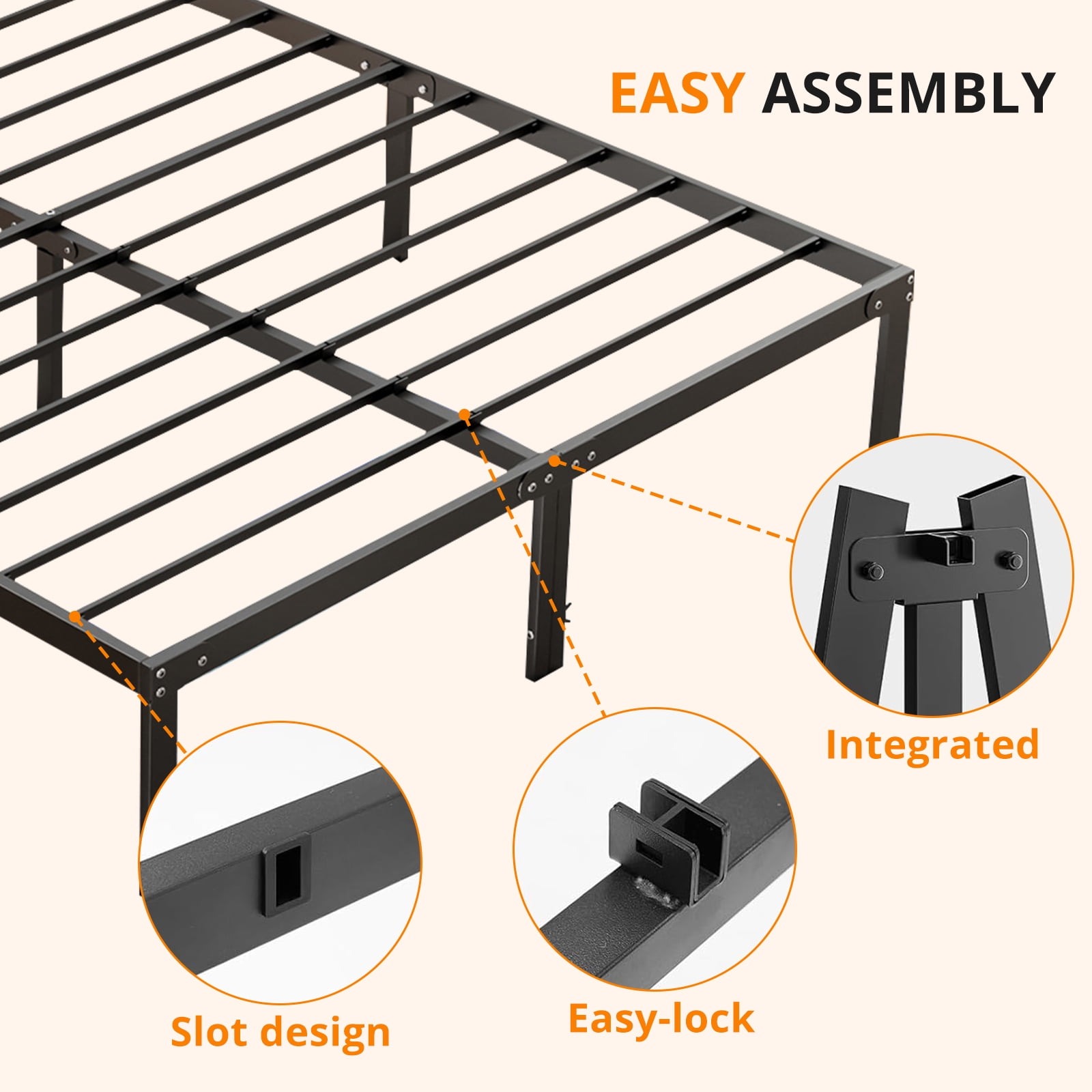 Queen Size 14" Height Metal Platform Bed Frame with Steel Slat Support, No Box Spring Required, Under-Bed Storage, Easy Assembly, Black