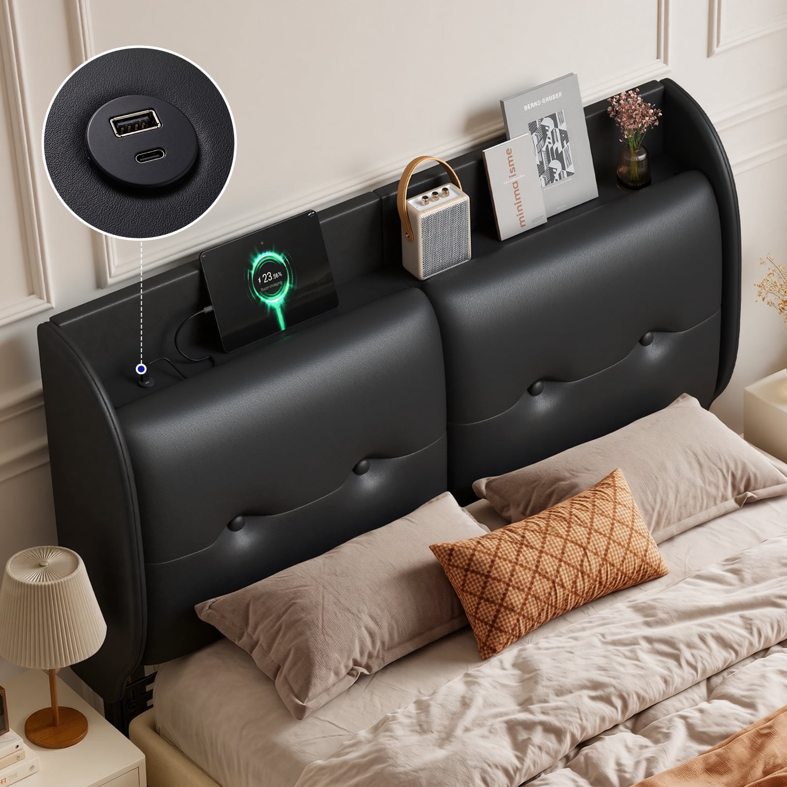 Pinmoco Queen Upholstered Headboard with Storage & Charging Station, LED Wingback Adjustable Headboard, PU Leather Headboard Only, Black