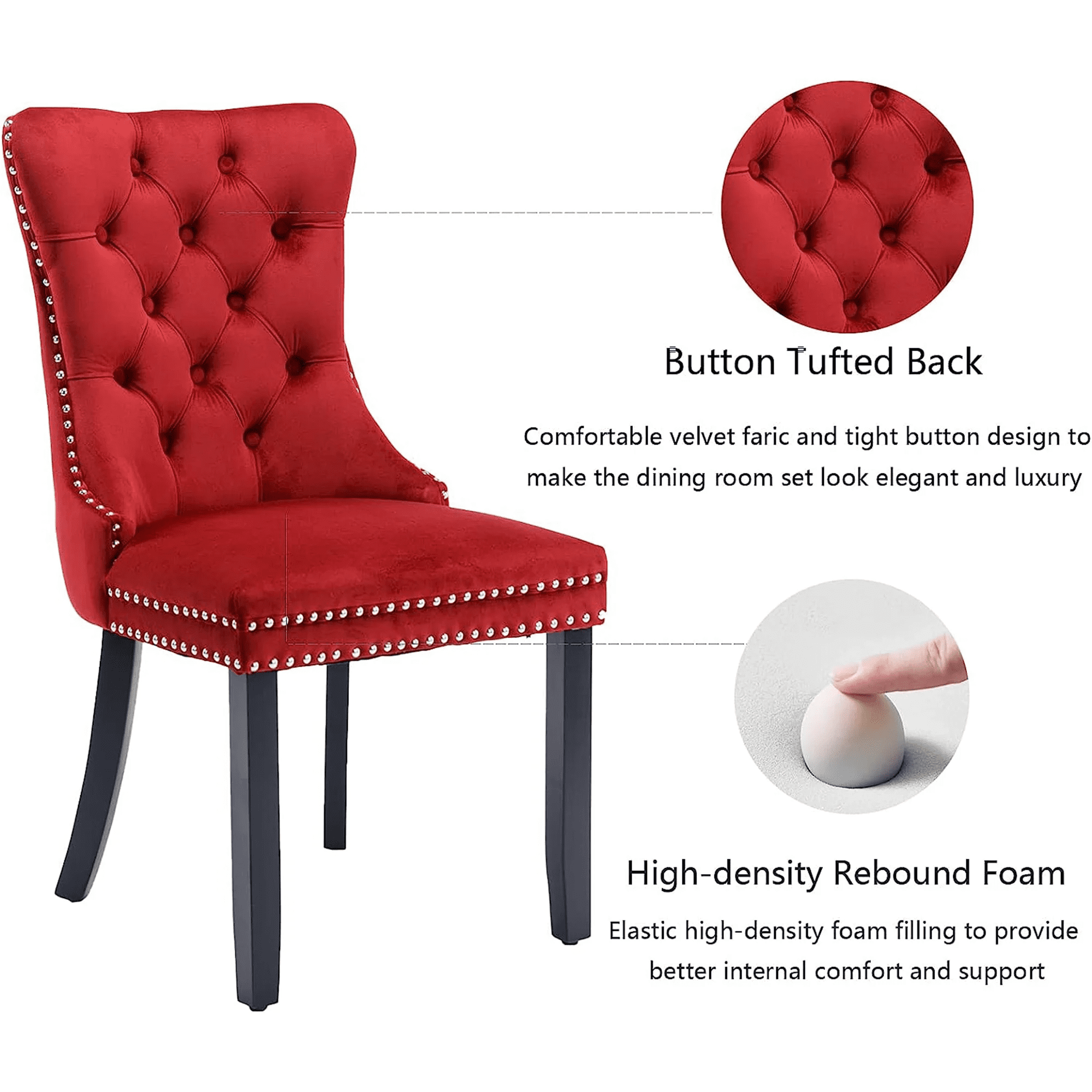 Dining Chairs Set of 2, Upholstered High-End Tufted Dining Room Chair with Back Ring and Nailhead Trim, Modern Velvet Kitchen Chairs with Solid Wood Legs for Kitchen, Home,Wine