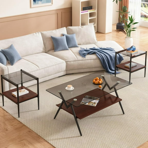 3-Piece Coffee Table Set, 1 Coffee Table & 2 End Table, Modern Table Set with Gray Tempered Glass Tabletop & White Metal Legs, for Living room