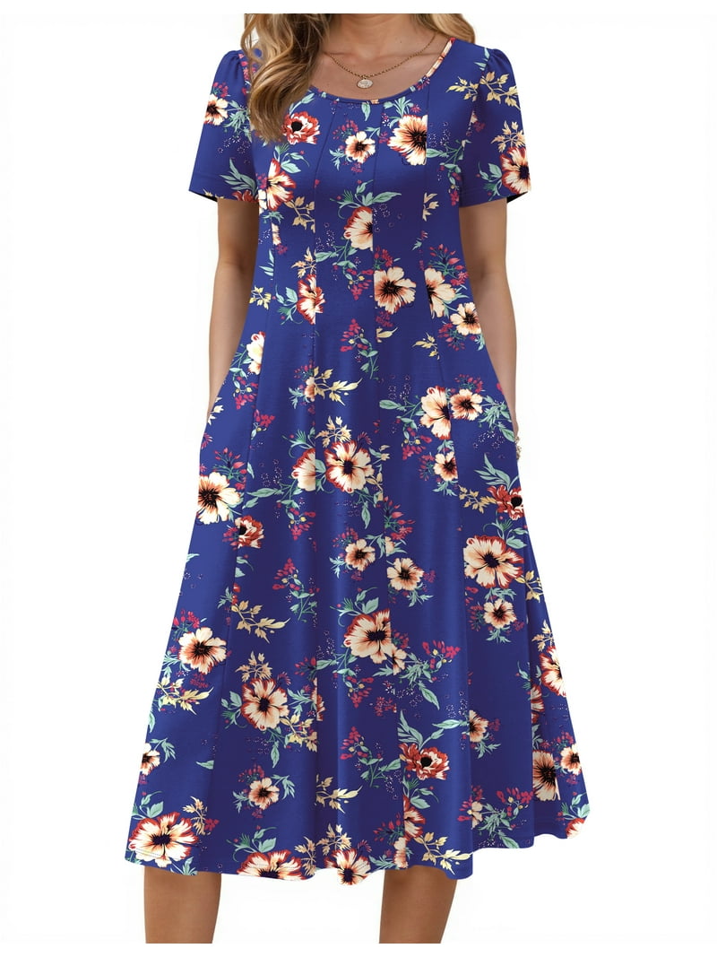 Fantaslook Summer Dresses for Women Casual Short Sleeve Pleated Dress Flowy Floral Dress with Pockets Flare Midi Sundress