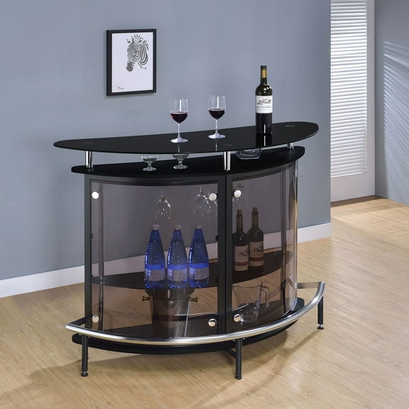 Timberflare Modern Home Bar with Glass Top, 51-Inch Freestanding Wine and Liquor Cabinet with Shelving, Black