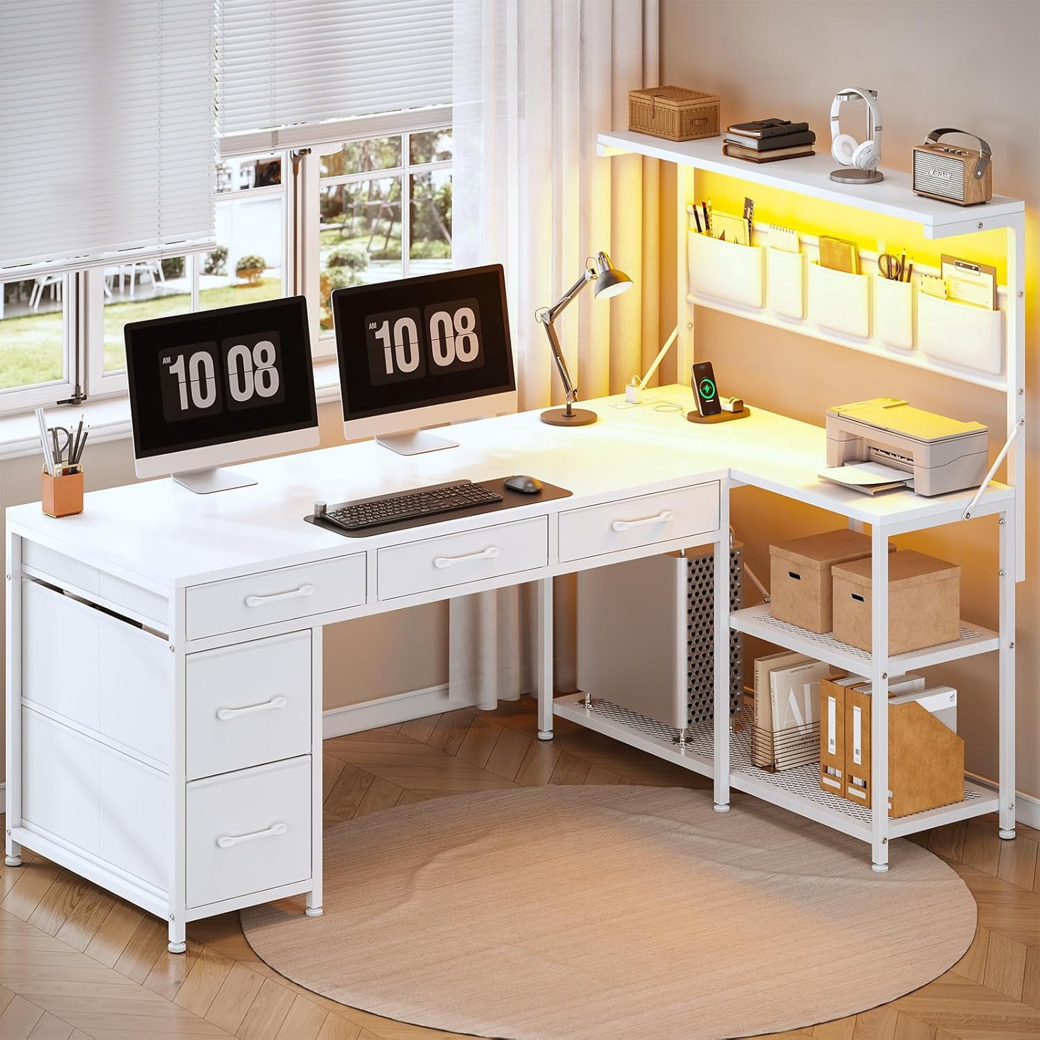 L Shaped Desk with 5 Fabric Drawers and Hutch, 47.2" Reversible Computer Desk with LED Lights for Home Office