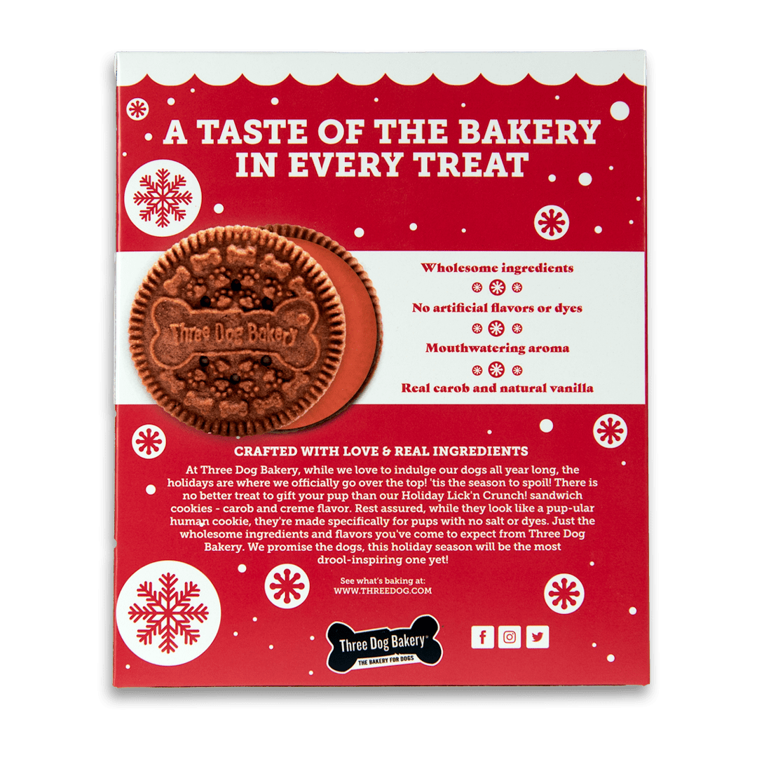 Three Dog Bakery Holiday Lick'n Crunch, Carob Cookie w/ Red Crème, Vanilla Flavored Filling, Premium Treats for Dogs, 13 Ounces Each
