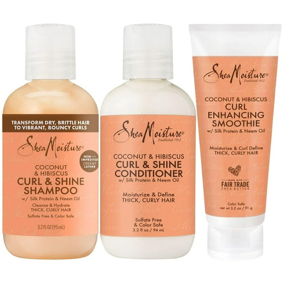 SheaMoisture Curl & Shine Shampoo, Conditioner & Curl Enhancing Smoothie, Travel-Size – Coconut & Hibiscus Curly Hair Products for Shiny Hair & Frizz Control, 3.2 Oz Ea (3 Piece Set)