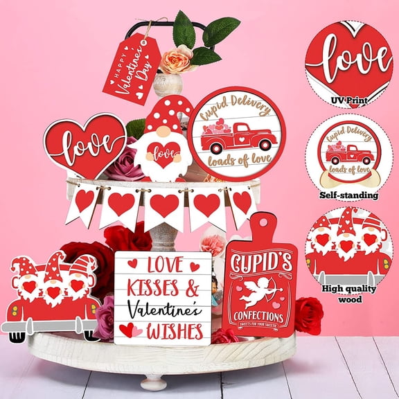 12 Pcs Valentine's Day Tiered Tray Decor Red Heart Wood Sign Valentine Table Decorations Farmhouse Romantic Tabletop Signs for Valentine's Day Wedding Home Party Decor