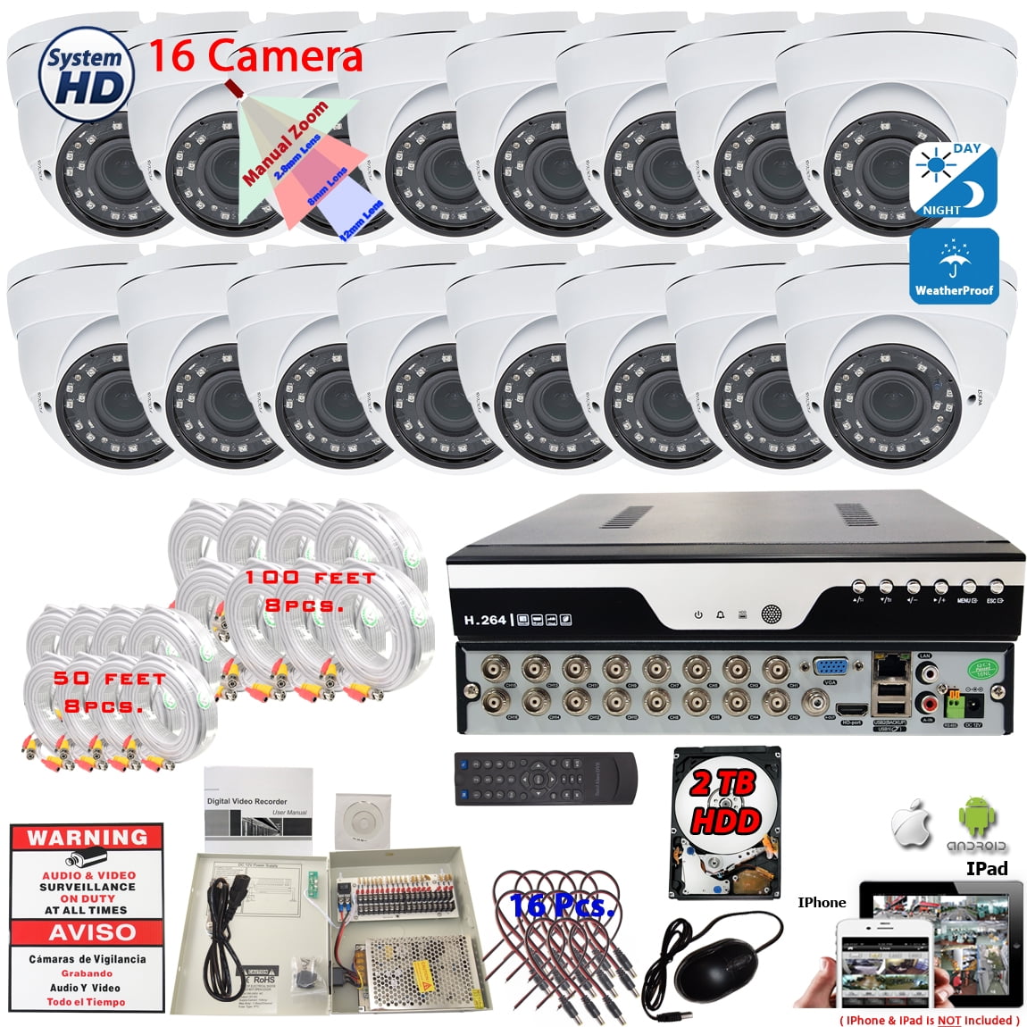 Evertech 16 Channel HD DVR w/ 16 pcs. 1080p 2.8-12mm Manual Zoom HD