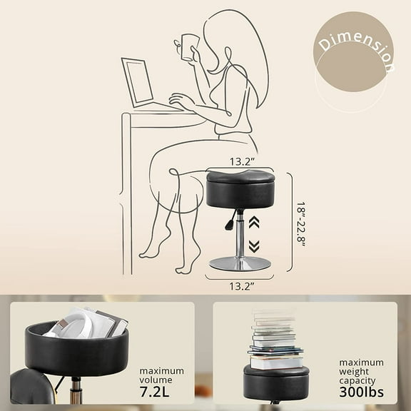 360 ° Swivel Vanity Stool Chair for Makeup Room, Height Adjustable Stool for Vanity with Storage, Small Black Faux Leather for Bathroom, Living Room