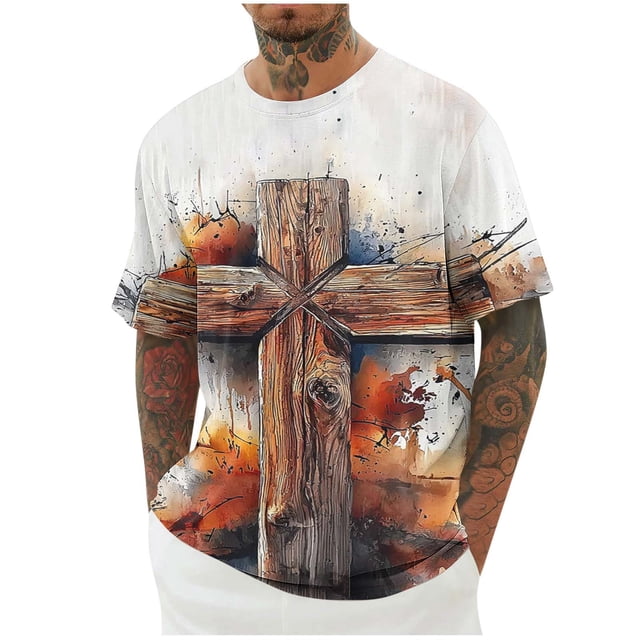 Blusa de Manga Corta para Hombres Impresión de Camiseta Cuello Redondo Top de Moda de Manga Corta
