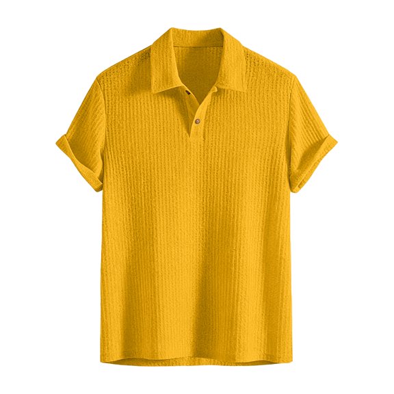 Boyscolos Men's Solid Color Turndown Collar Button Pullover Short Sleeve Knit Sweater, Breathable Casual Tops Yellow L