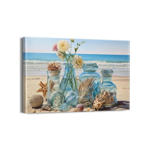 Coastal Flower Bottle Canvas Wall Decor - Calming Aqua Blue Teal Beach Artwork for Bathroom, Bedroom, and Living Room - 18 x 12 inch - Ready to Hang - Coastal Theme Home Wall Decoration