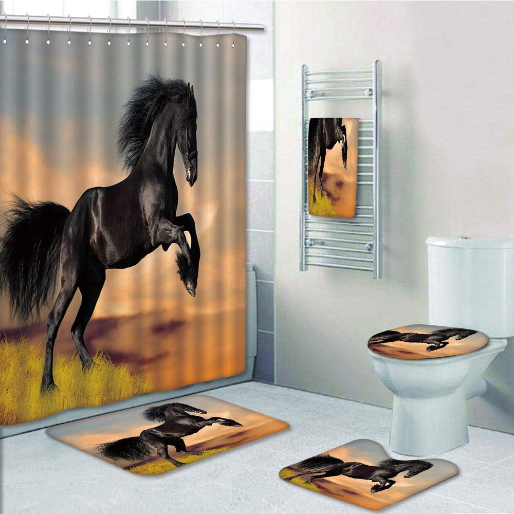 Gallop Horse Shower Curtain Bathroom Rug Set Bath Mat Non-Slip Toilet Lid Cover 